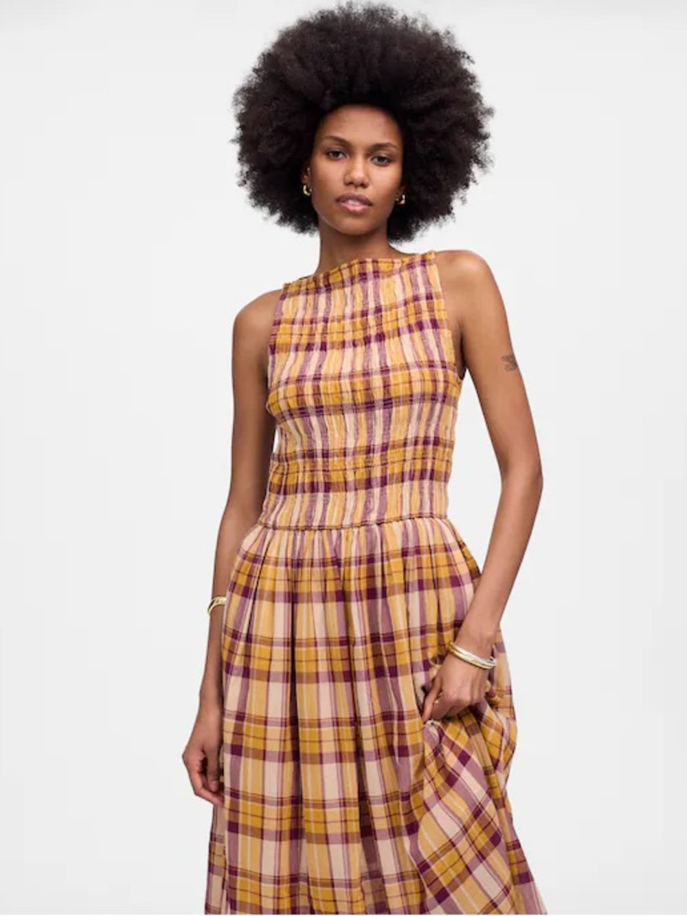 Madewell Smocked Boatneck Maxi Dress in Plaid Seersucker